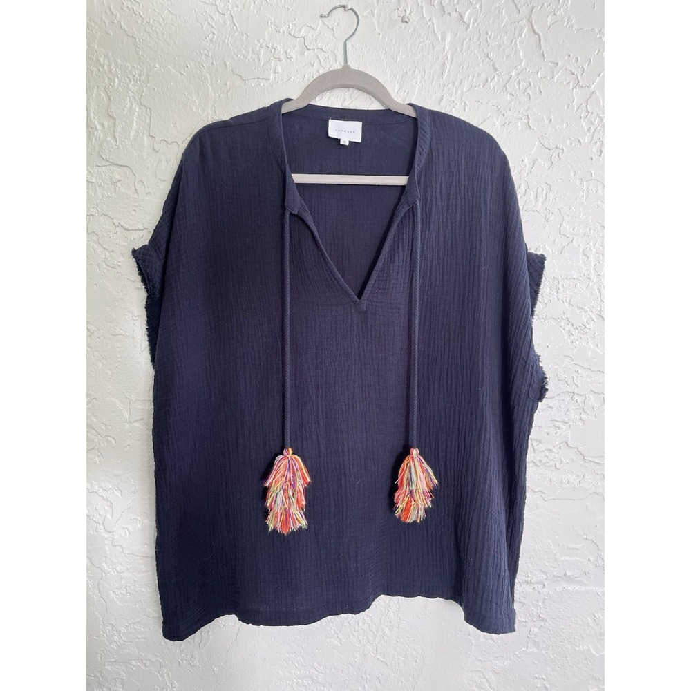 SUNDAYS Top Womens OS Crinkle Gauze Tassel Tie Neck Fringed Caftan Cotton Blue